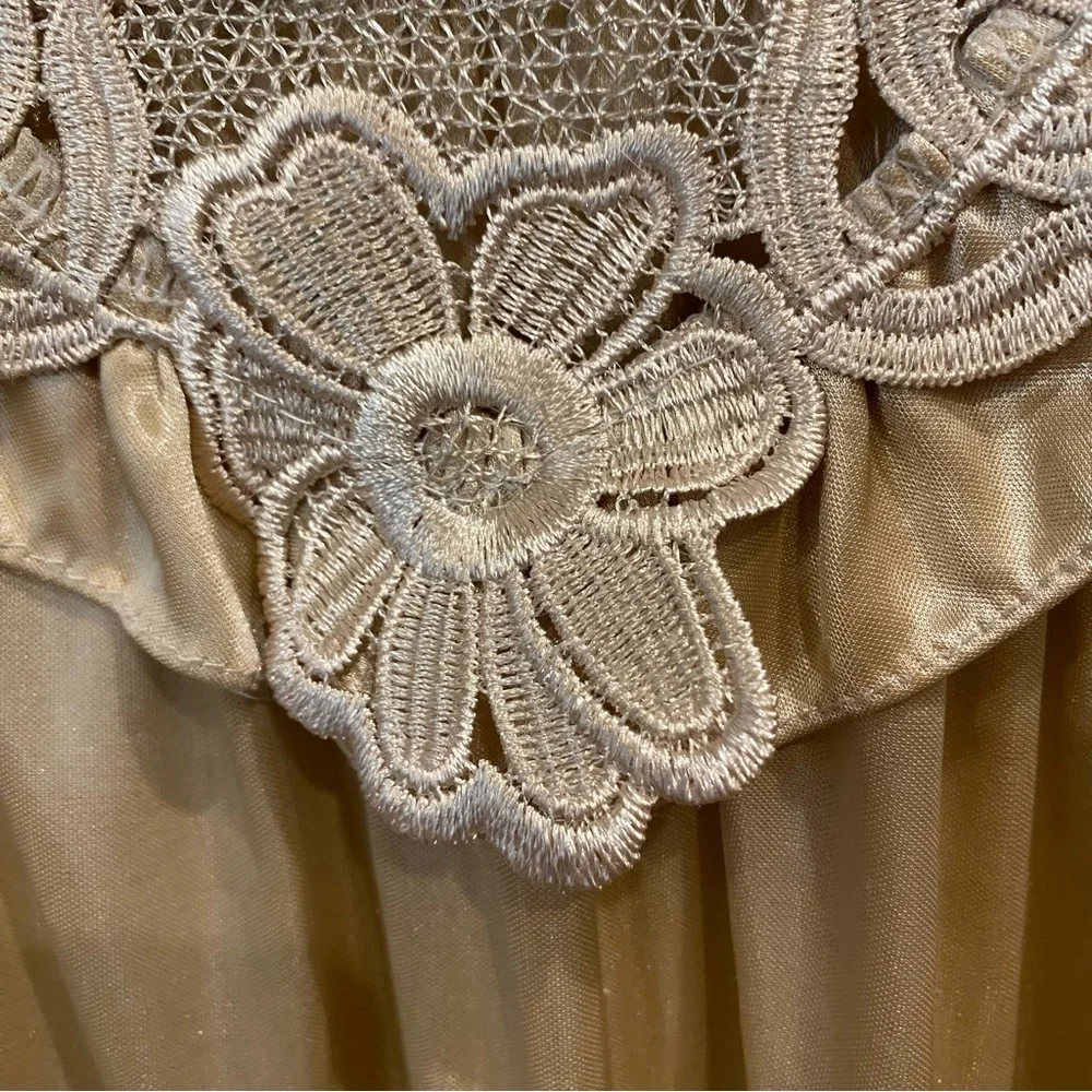 Vintage Long Champagne Satin Nightgown Embroidered Floral Appliqué Top “Happy” - Picture 8 of 17